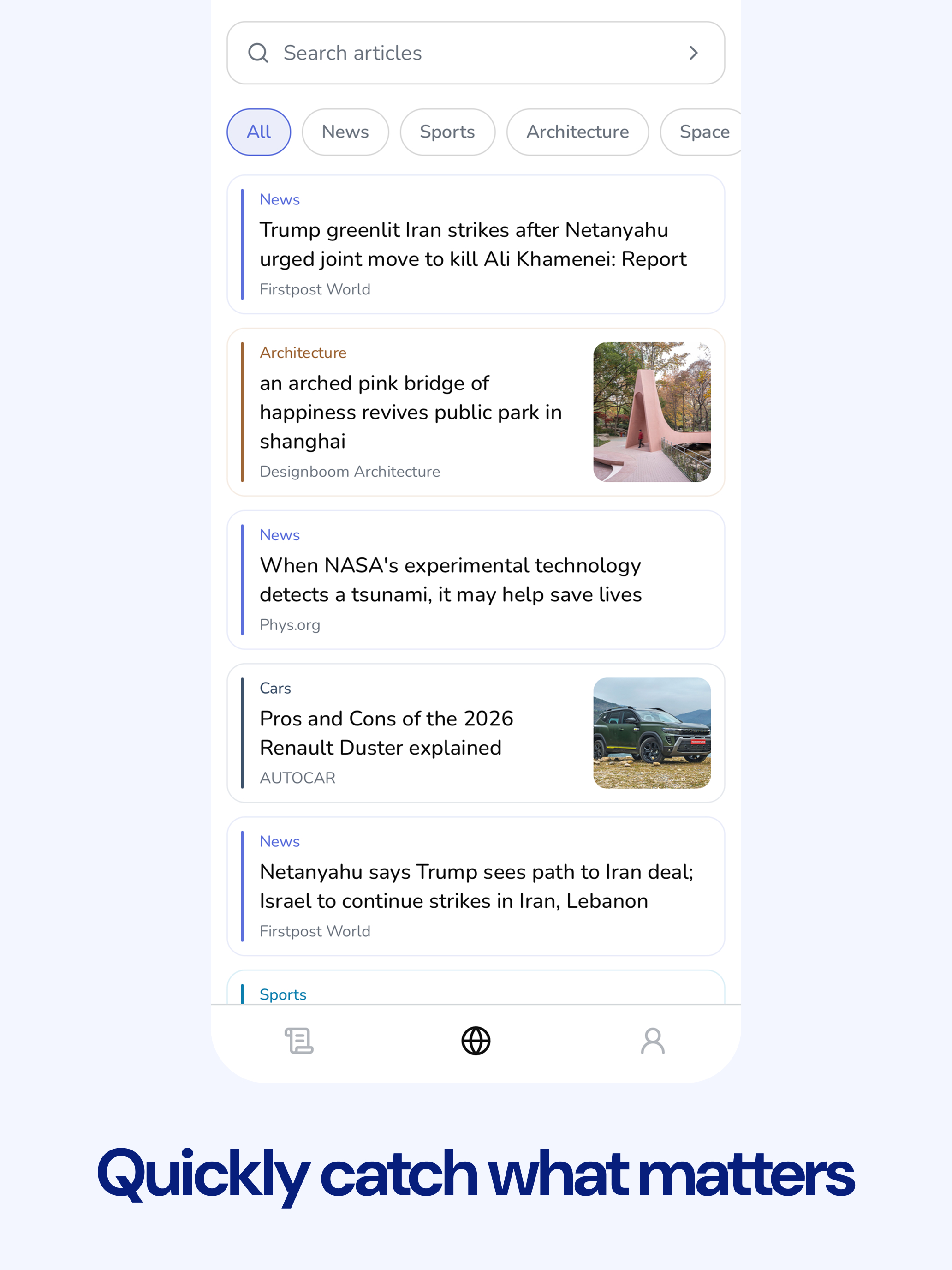 NewsScrl app preview showing topic-led reading