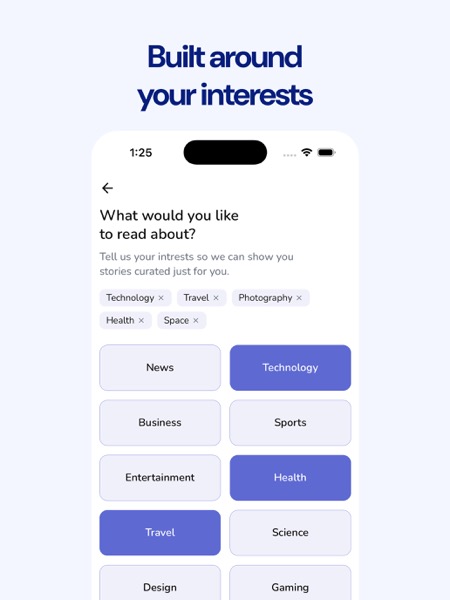 NewsScrl interest picker with 30+ topics
