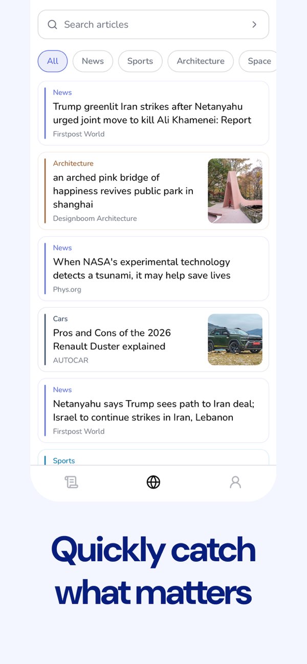 NewsScrl app preview showing topic-led reading